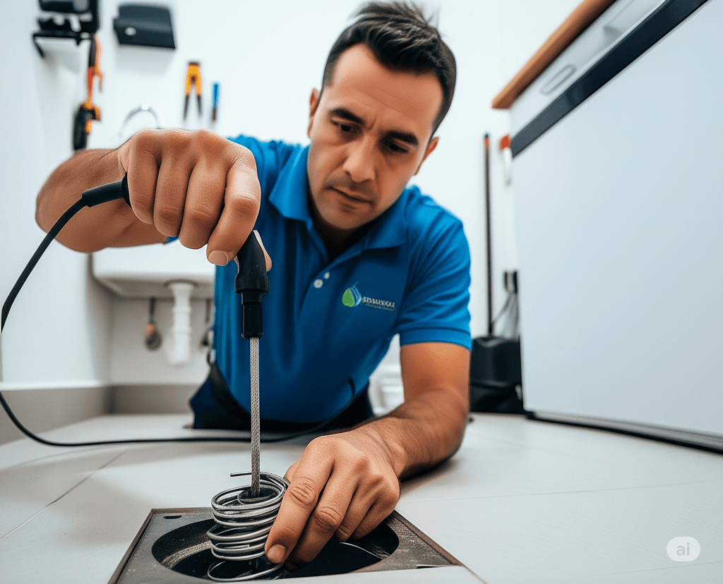 Un trabajador de soluciones septicas aplicando sondeo eléctrico a una cañería